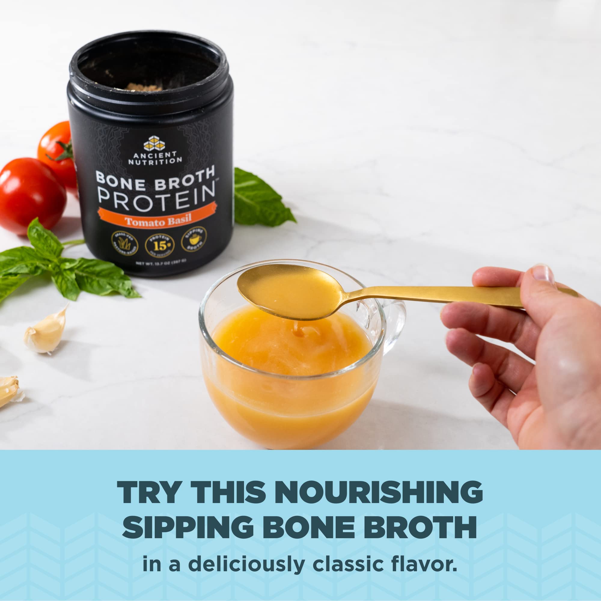 Ancient Nutrition Bone Broth Protein Powder, Tomato Basil, Grass-Fed Chicken and Beef Ancient Nutrition