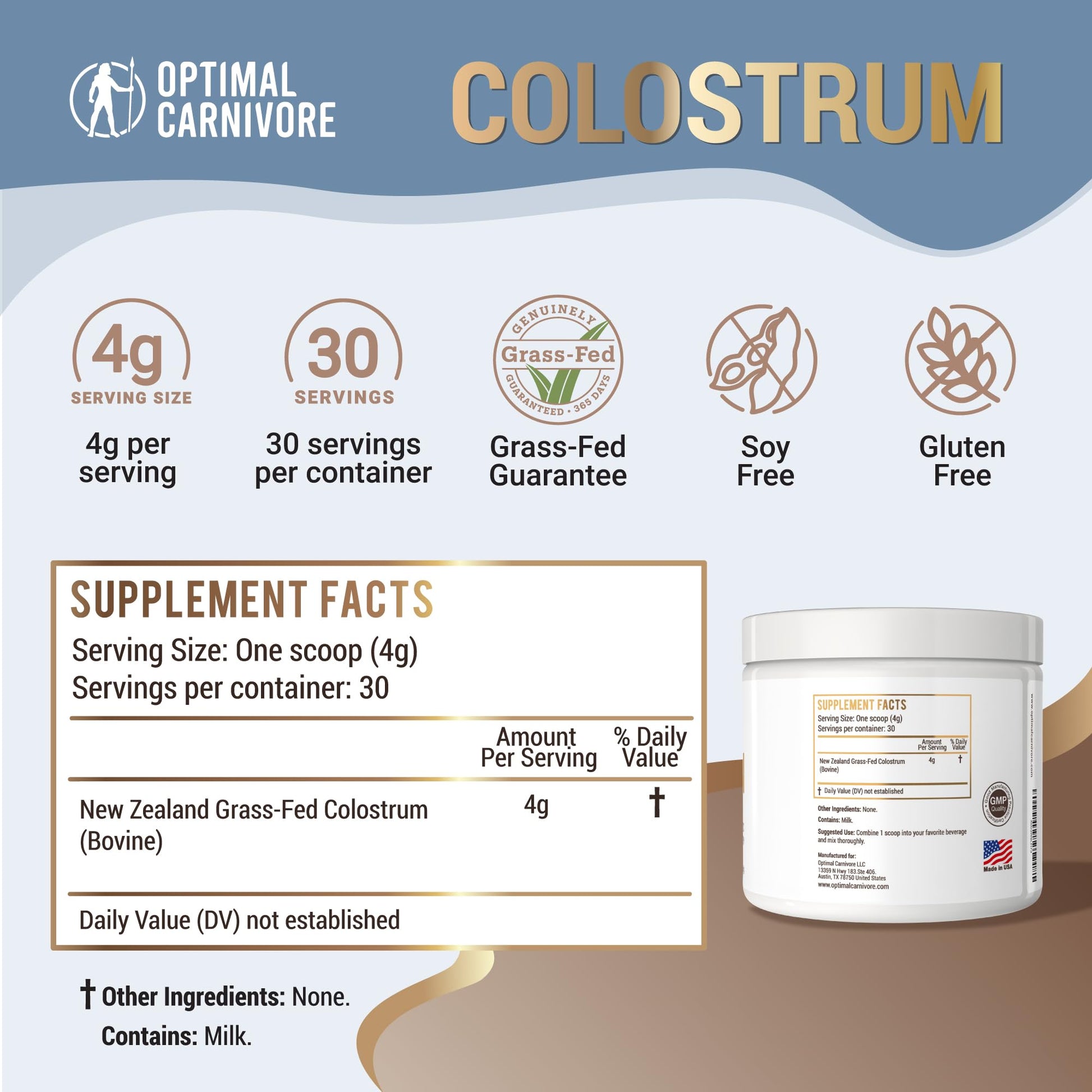 Grass Fed Colostrum Powder, Unflavored Bovine Colostrum for Humans Optimal Carnivore