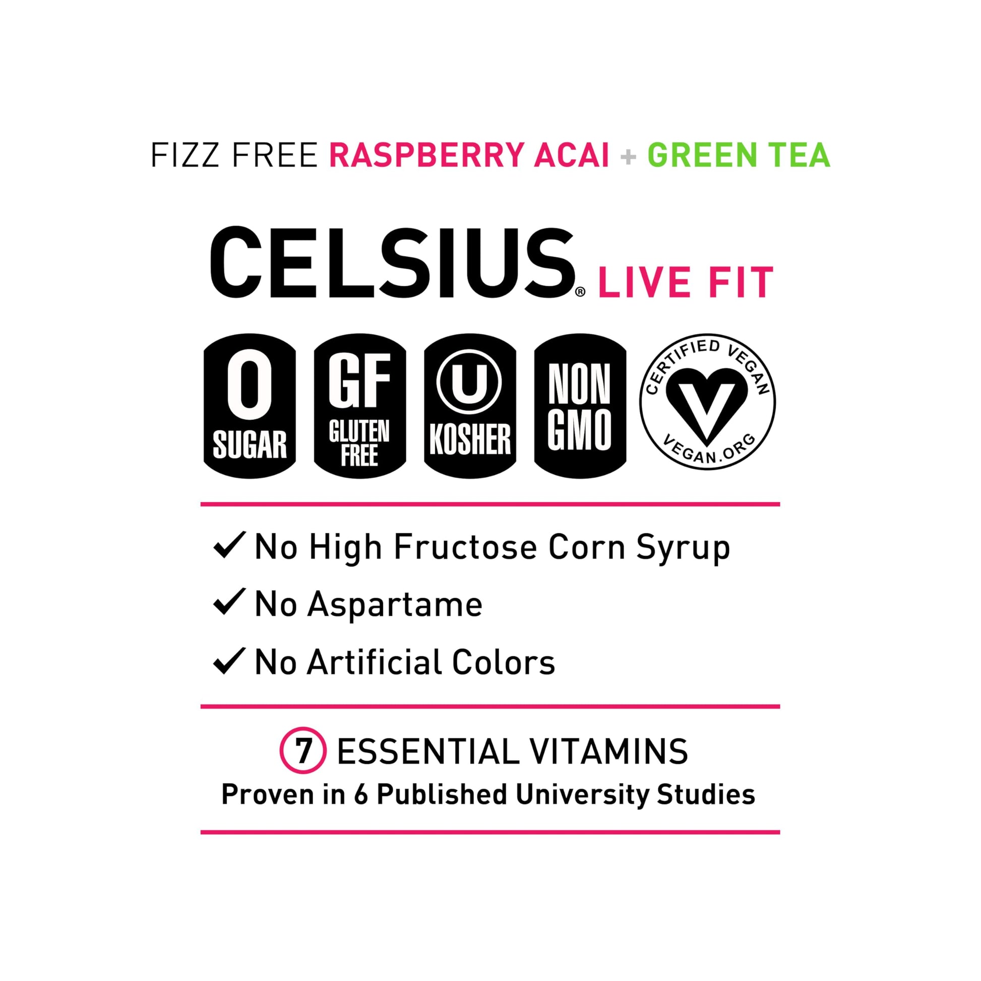 CELSIUS Raspberry Acai Green Tea, Functional Essential Energy Drink 12 Fl Oz (Pack of 12) Packaging may vary CELSIUS
