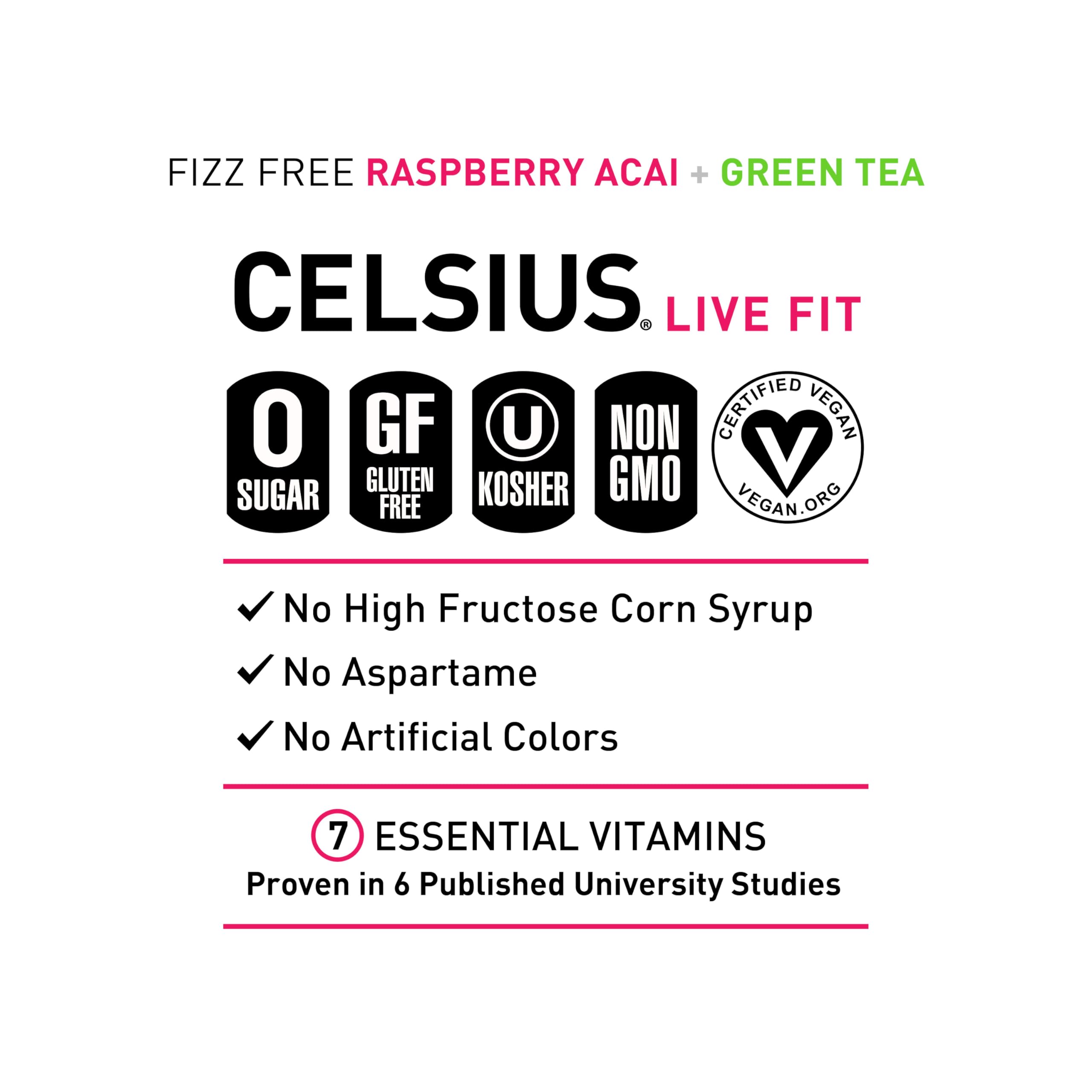 CELSIUS Raspberry Acai Green Tea, Functional Essential Energy Drink 12 Fl Oz (Pack of 12) Packaging may vary CELSIUS