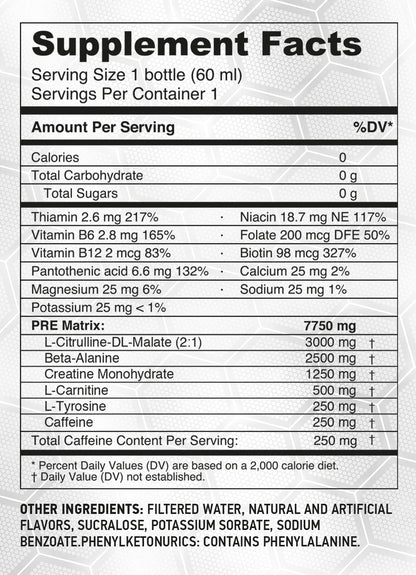HARDLABZ PRE – Extra Strength Liquid Pre-Workout Energy Shot with Caffeine (250 mg), Citrulline, Alanine, Creatine, Carnitine, Tyrosine, Vitamins, Electrolytes for Extreme Energy and Outstanding Athletic Performance, Zero Sugar, 2oz -12 pack