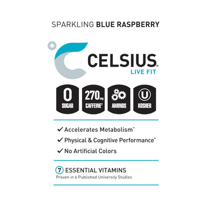 CELSIUS ESSENTIALS, Sparkling Blue Crush, Performance Energy Drink 16 Fl Oz (Pack of 12)