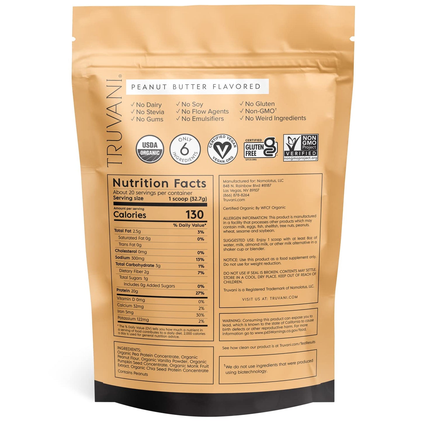 Truvani Organic Vegan Protein Powder Peanut Butter - 20g of Plant Based Protein, Powder