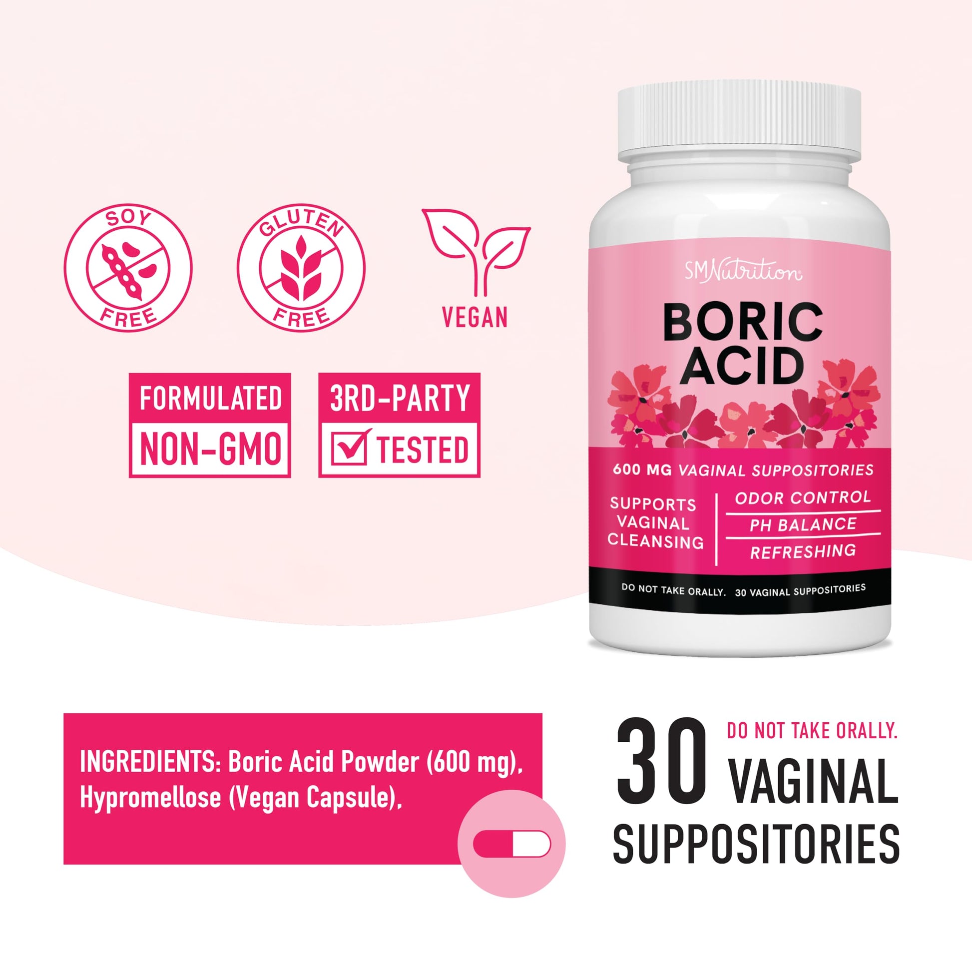 Boric Acid Suppositories for Women | 600mg | for pH Balance, Vaginal Odor & Itching | Feminine Hygiene SMNutrition