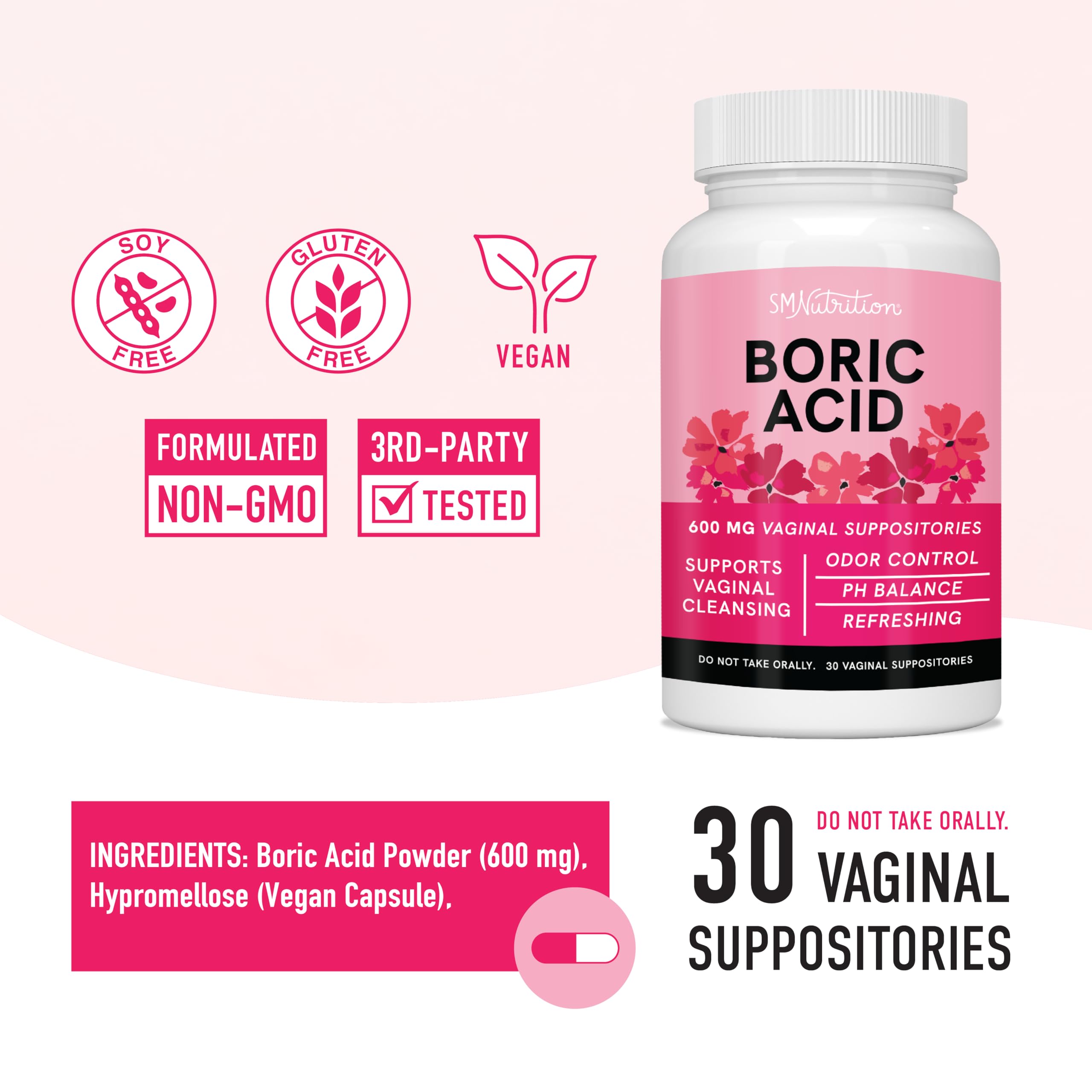 Boric Acid Suppositories for Women | 600mg | for pH Balance, Vaginal Odor & Itching | Feminine Hygiene SMNutrition
