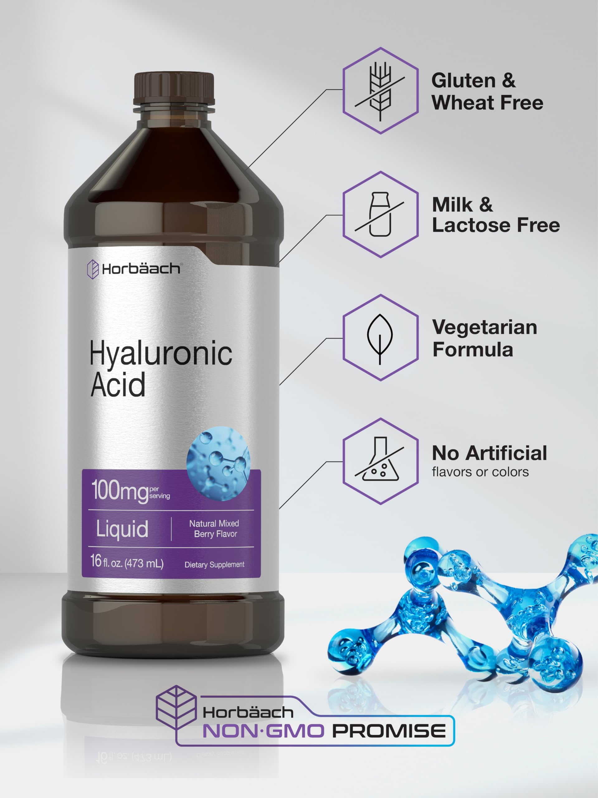 Liquid Hyaluronic Acid Supplement | 100 mg | 16 oz | Mixed Berry Flavor | Non-GMO