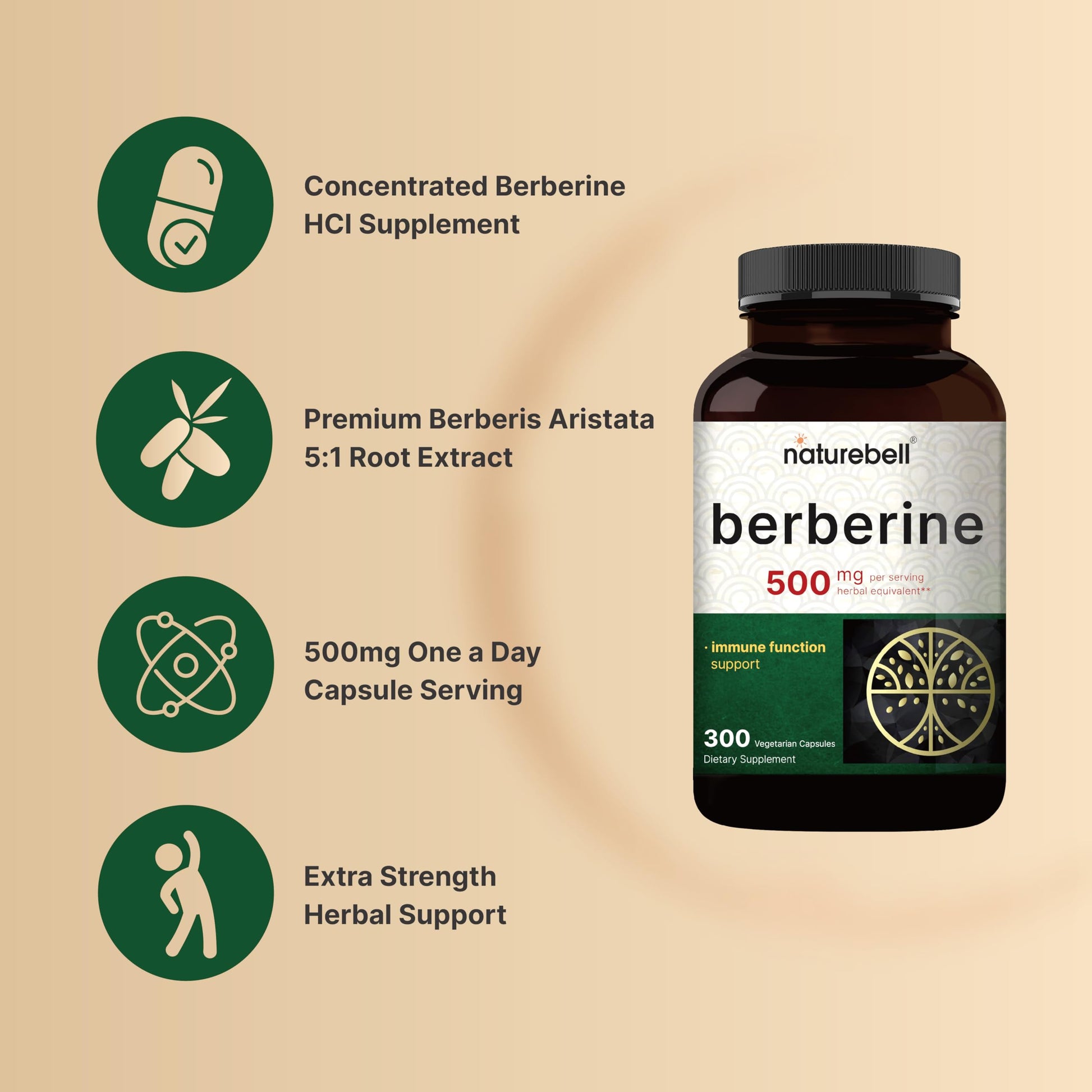 Berberine Supplement 500mg | 300 Veggie Capsules, 97% Pure Berberine HCL – 5:1 Root NatureBell