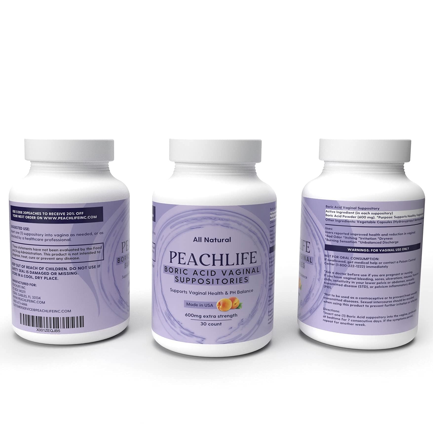 Peachlife Boric Acid Suppositories in Vegetable Capsules - USA Made - Vaginal pH Peachlife