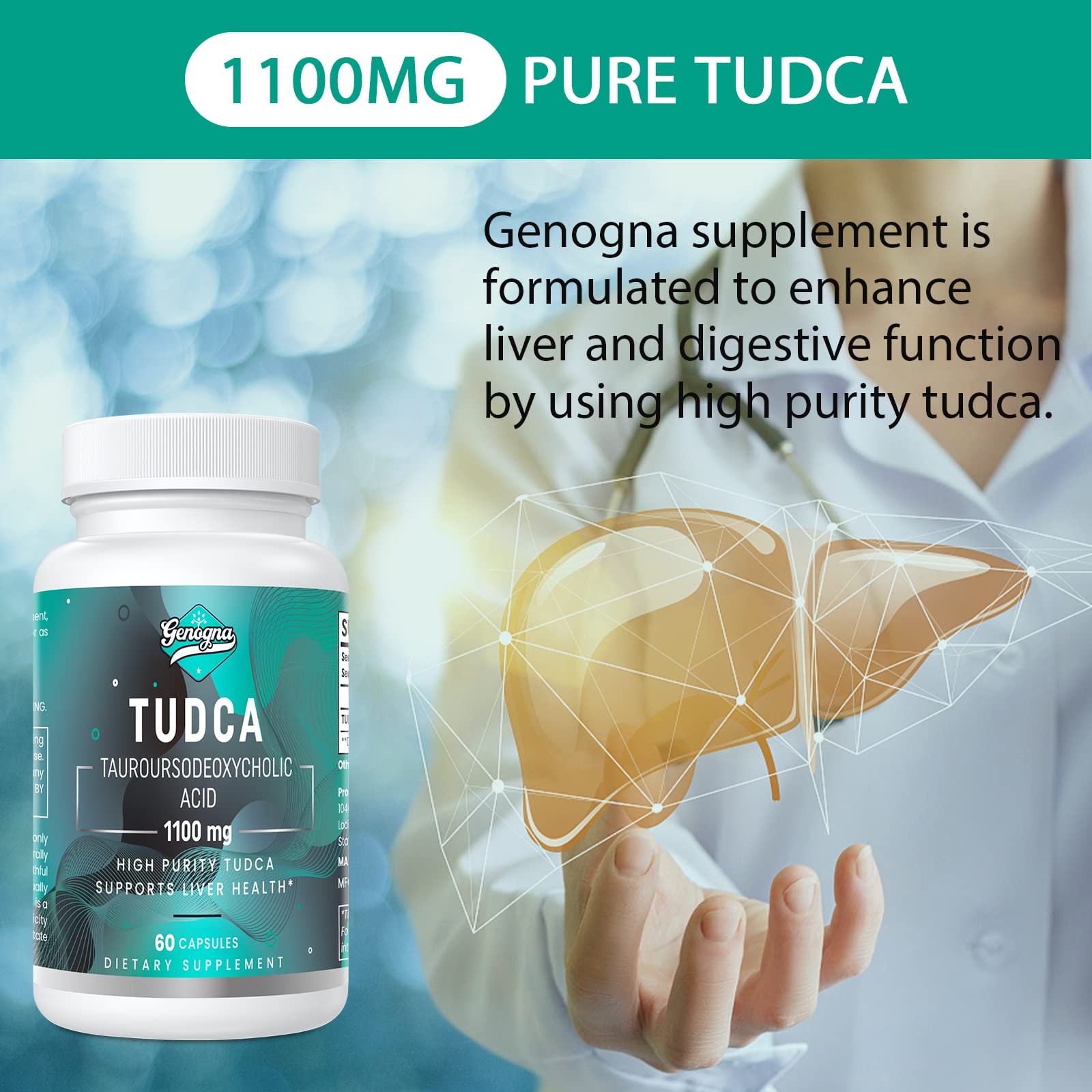 Genogna TUDCA 1100mg-Liver Support Supplement for Detox Cleanse, Water-Soluble Bile Genogna