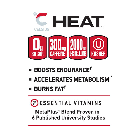 CELSIUS HEAT Inferno Punch Performance Energy Drink, Zero Sugar, 16oz. Can (Pack of 12)