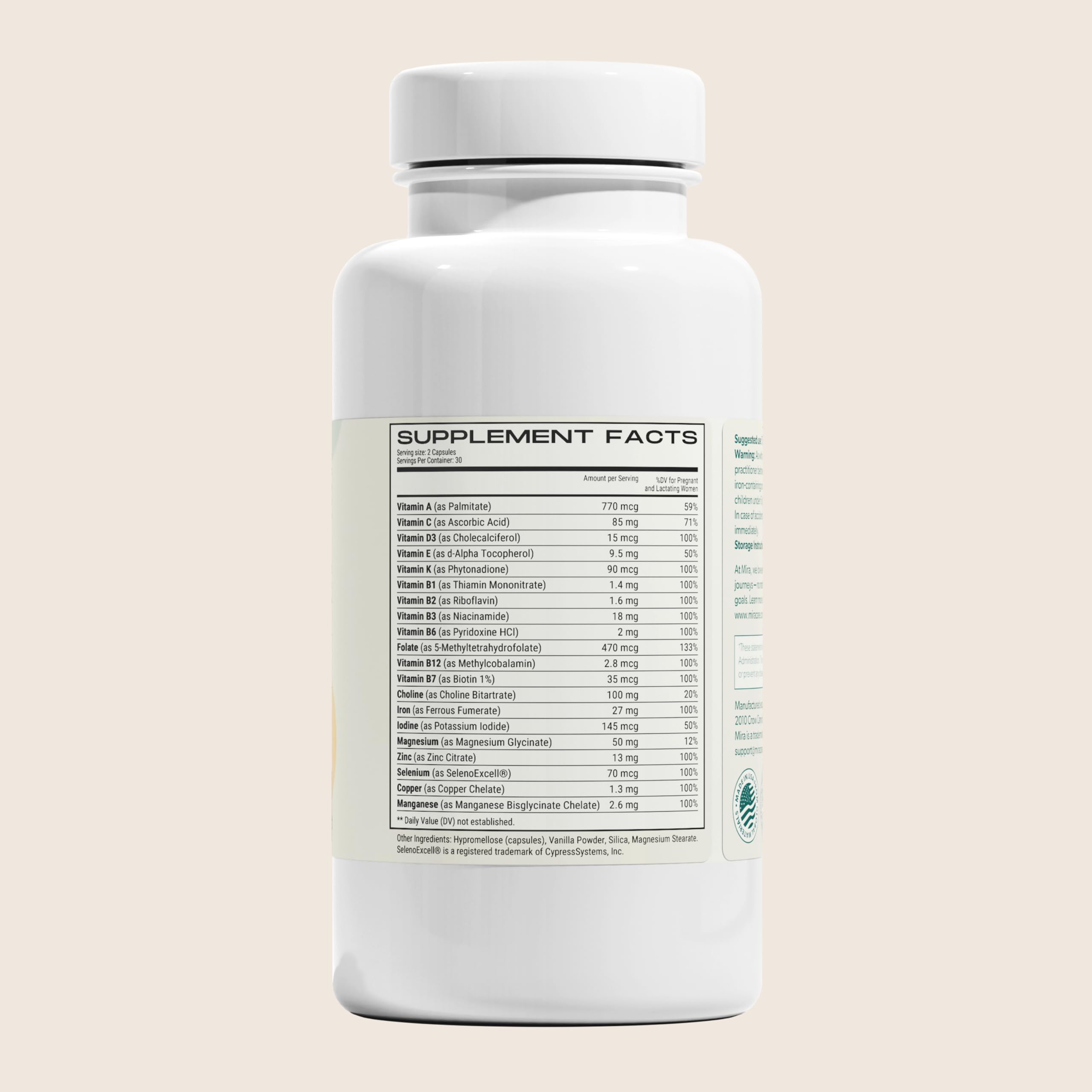 MIRA Prenatal Multi-Vitamins for Women, Folate (Folic Acid) & Choline, Supplement for Before, During