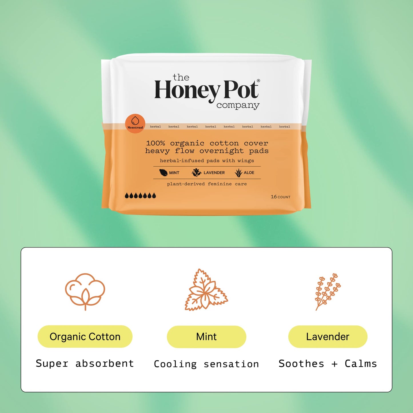 The Honey Pot Company - Herbal Overnight Heavy Flow Pads w/Wings - Organic Pads for Women