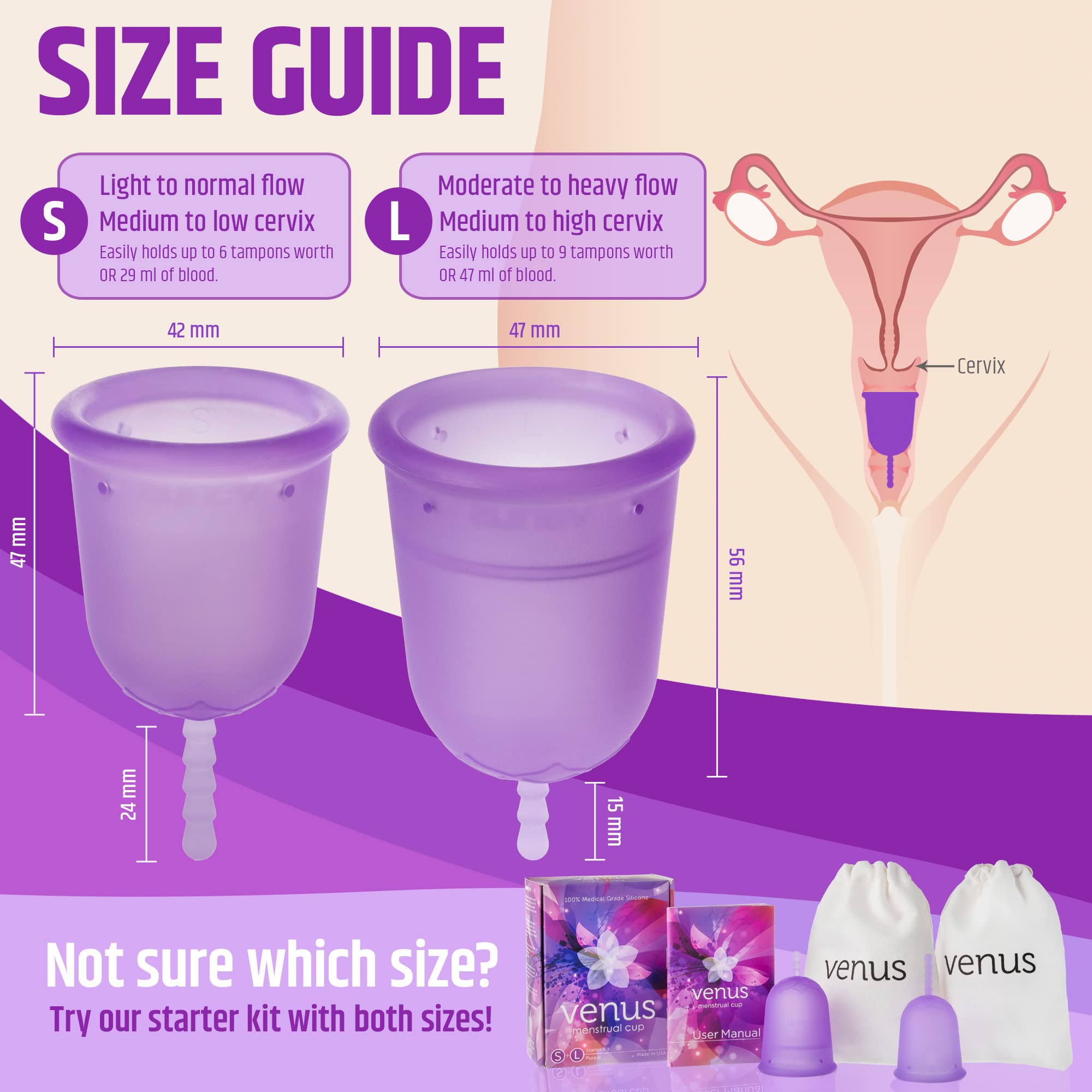Venus Large Menstrual Cup – High Capacity for Heavy Flow -Made in USA - 100% Medical Grade Silicone VENUS