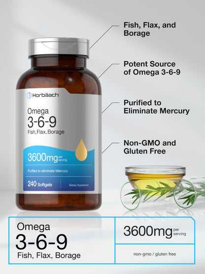 Triple Omega 3-6-9 240 Softgels | from Fish, Flaxseed, Borage Oils | Non-GMO & Gluten