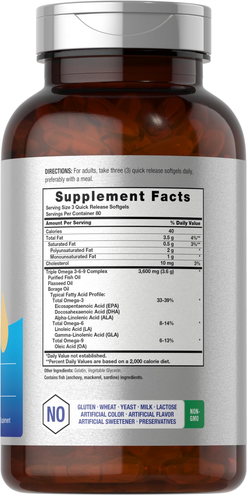 Triple Omega 3-6-9 240 Softgels | from Fish, Flaxseed, Borage Oils | Non-GMO & Gluten