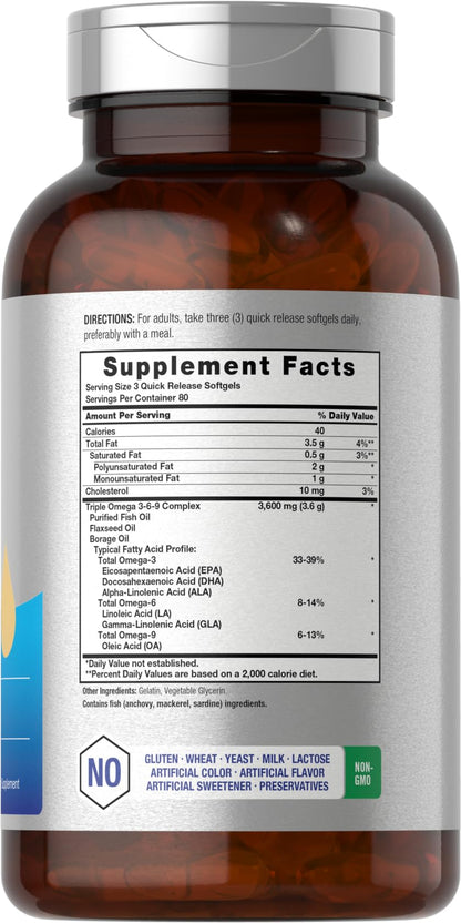 Triple Omega 3-6-9 240 Softgels | from Fish, Flaxseed, Borage Oils | Non-GMO & Gluten