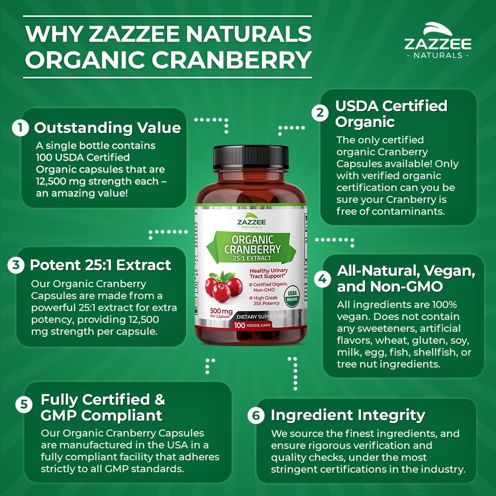 Zazzee USDA Organic Cranberry 25:1 Extract, 12,500 mg Strength, 100 Vegan Capsules