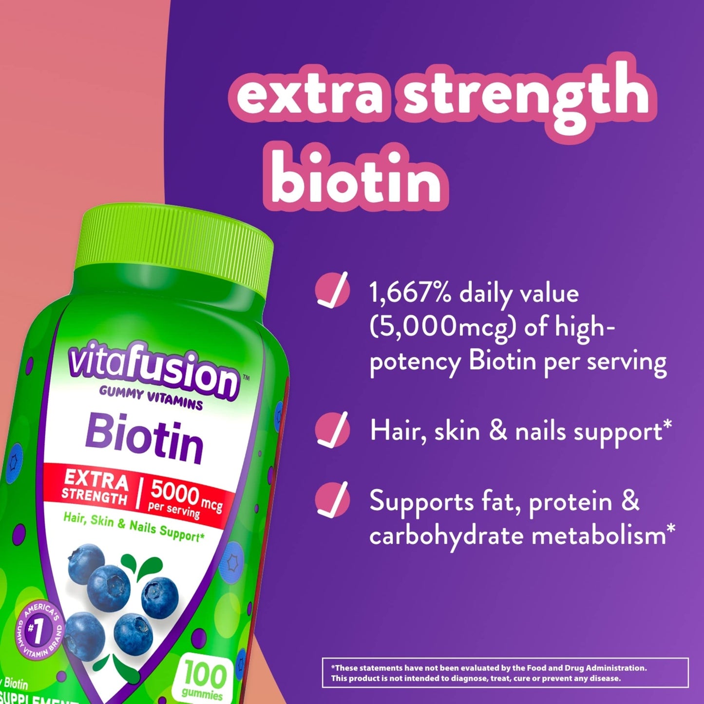 vitafusion Extra Strength Biotin Gummy Vitamins, Berry Flavored, 5,000 mcg Biotin Vitamins
