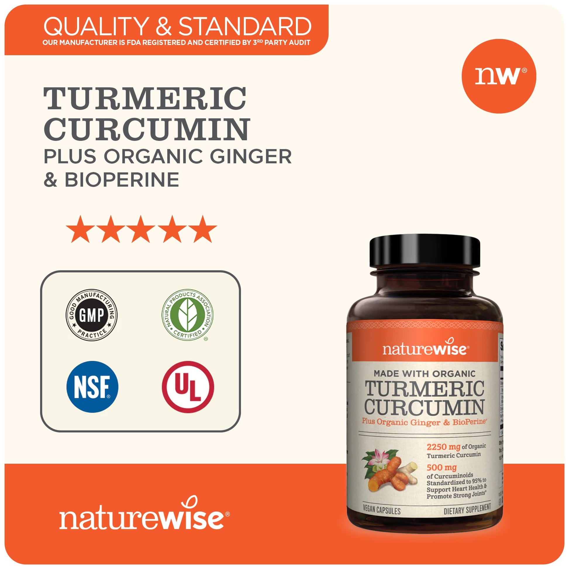 NatureWise Curcumin Turmeric 2250mg | 95% Curcuminoids & BioPerine Black Pepper NatureWise