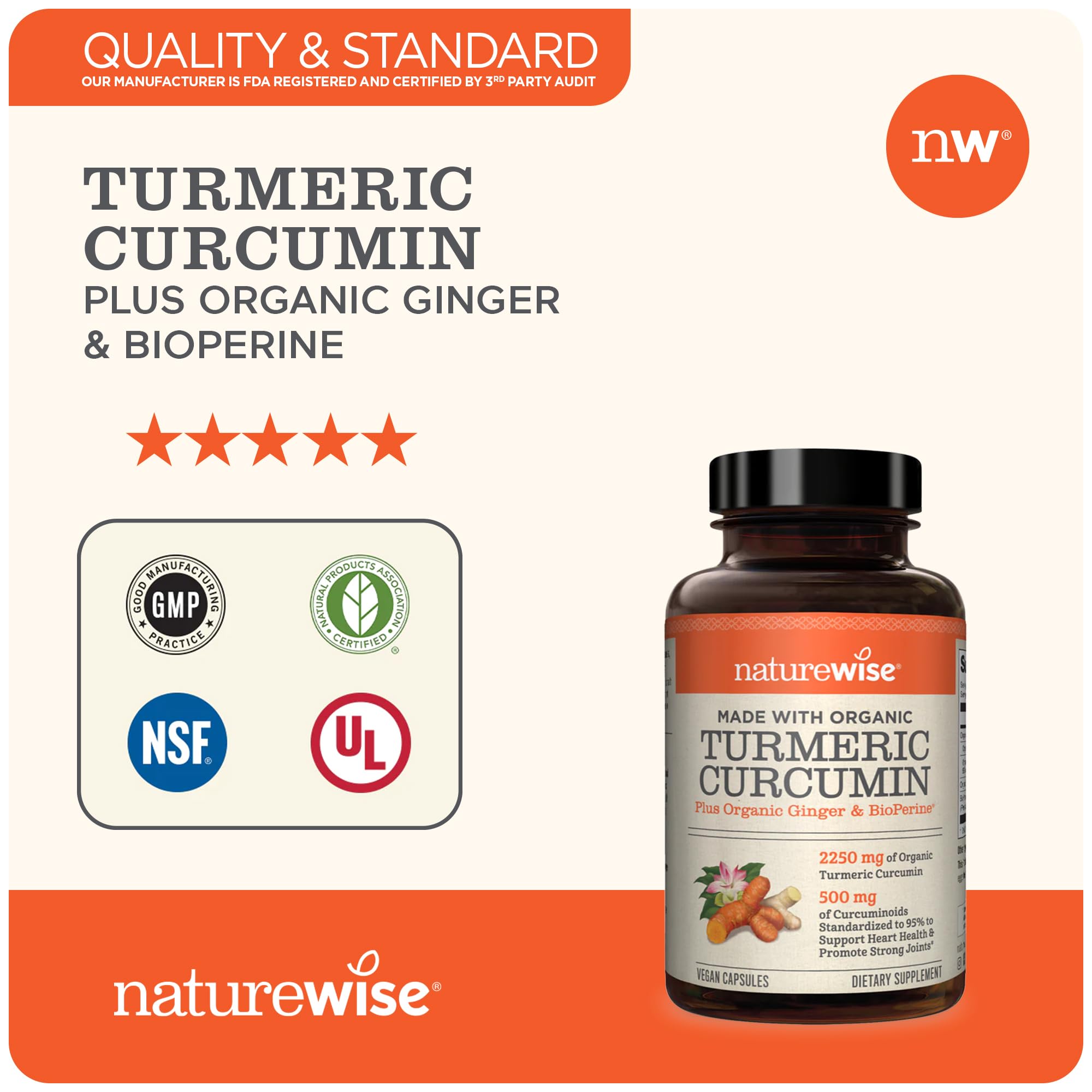 NatureWise Curcumin Turmeric 2250mg | 95% Curcuminoids & BioPerine Black Pepper NatureWise