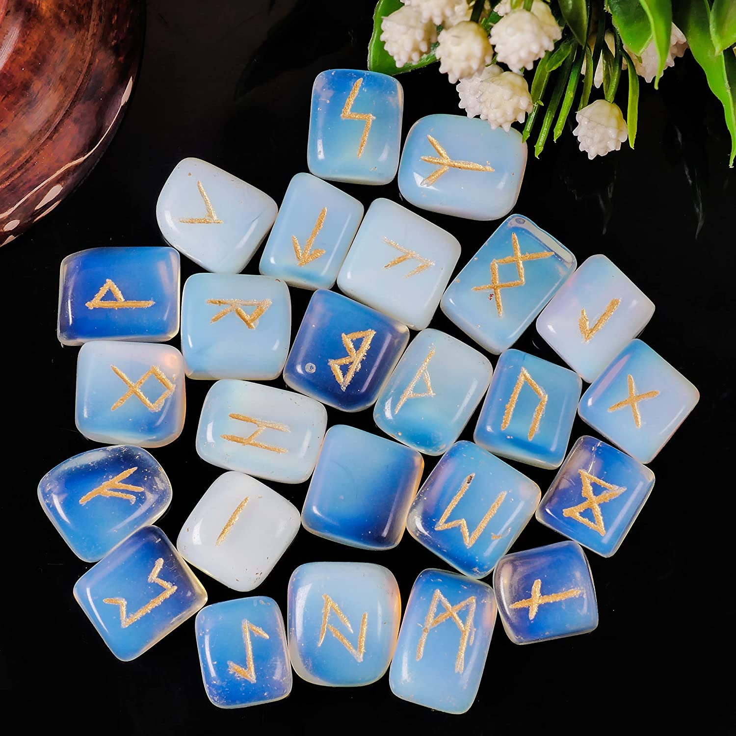 Opalite Rune Stone - Rune Set - Engraved Elder Futhark Alphabet Symbols - Witchcraft Crystals QUIPSA