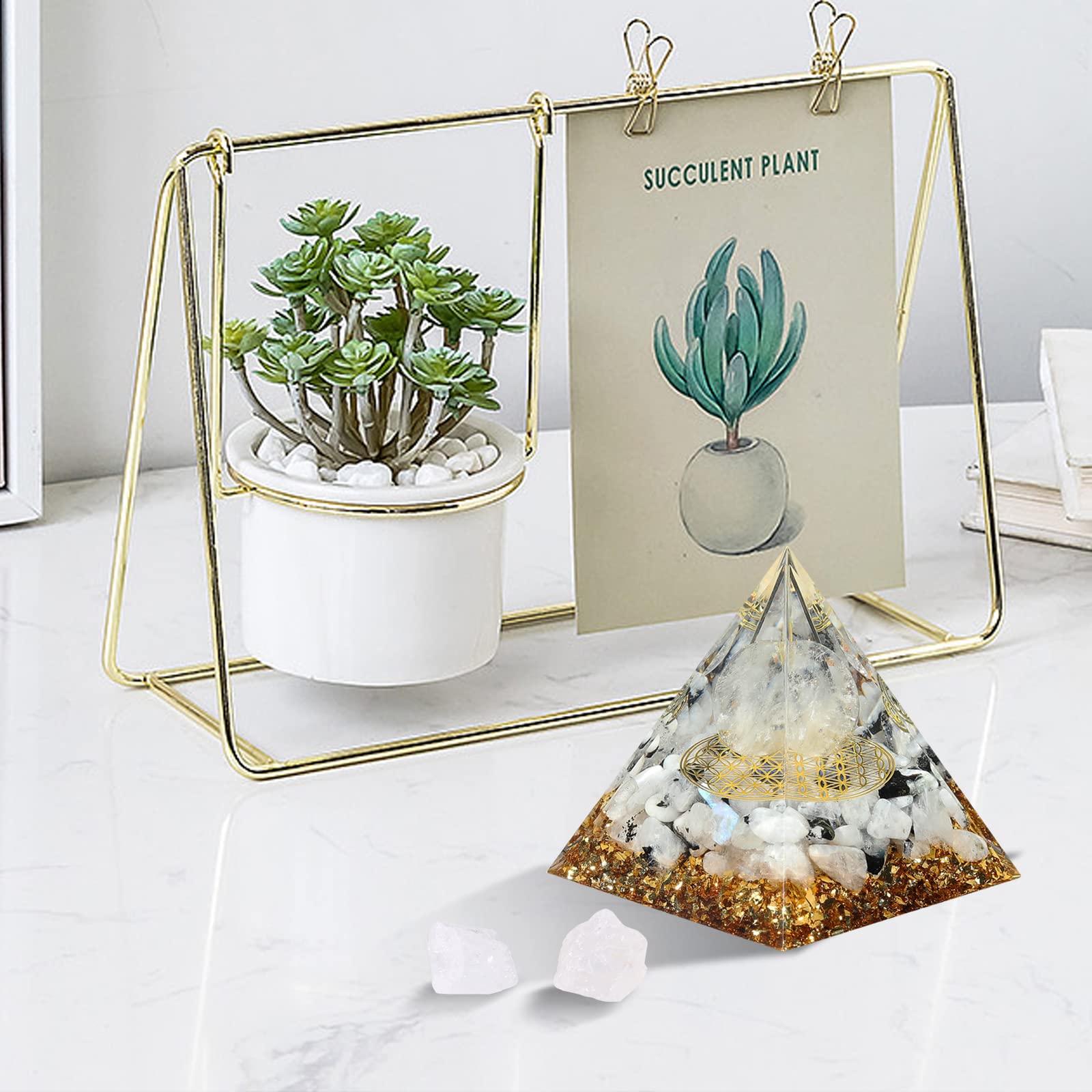 Hopeseed Orgone Pyramid for Positive Energy, Orgonite Rainbow Moonstone&White Crystal Hopeseed