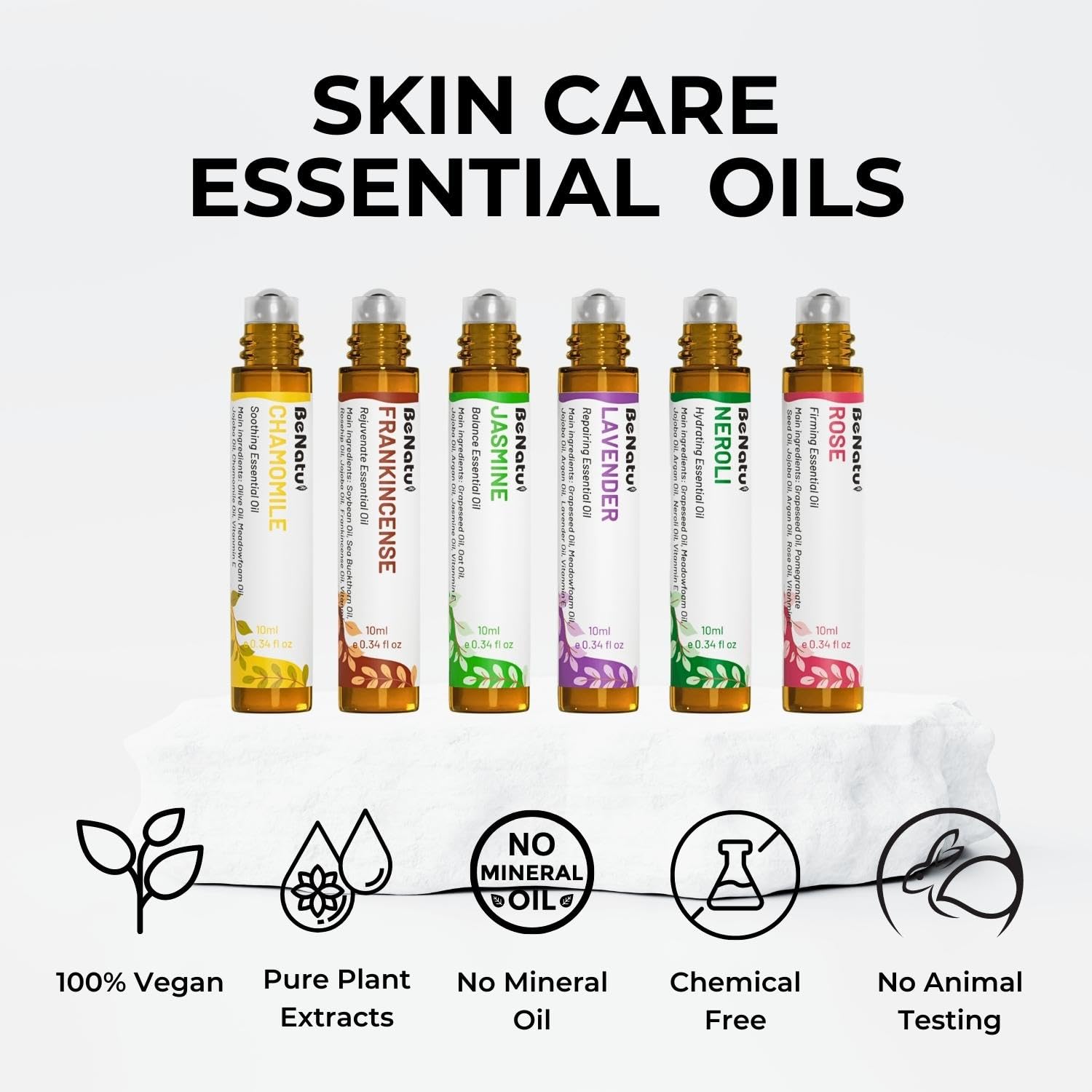 benatu 6-Pack Facial Essential Oils - Skin Care Set, 100% Pure Plant Extraction, Safe for Sensitive Skin benatu