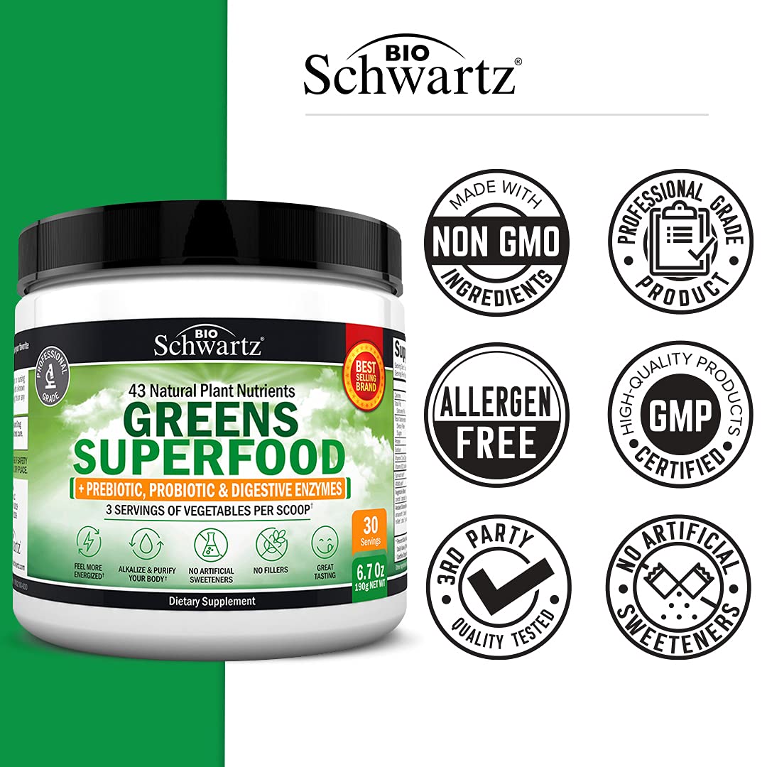 Super Greens Powder Superfood - Greens Powder with Probiotics Prebiotics Digestive BioSchwartz