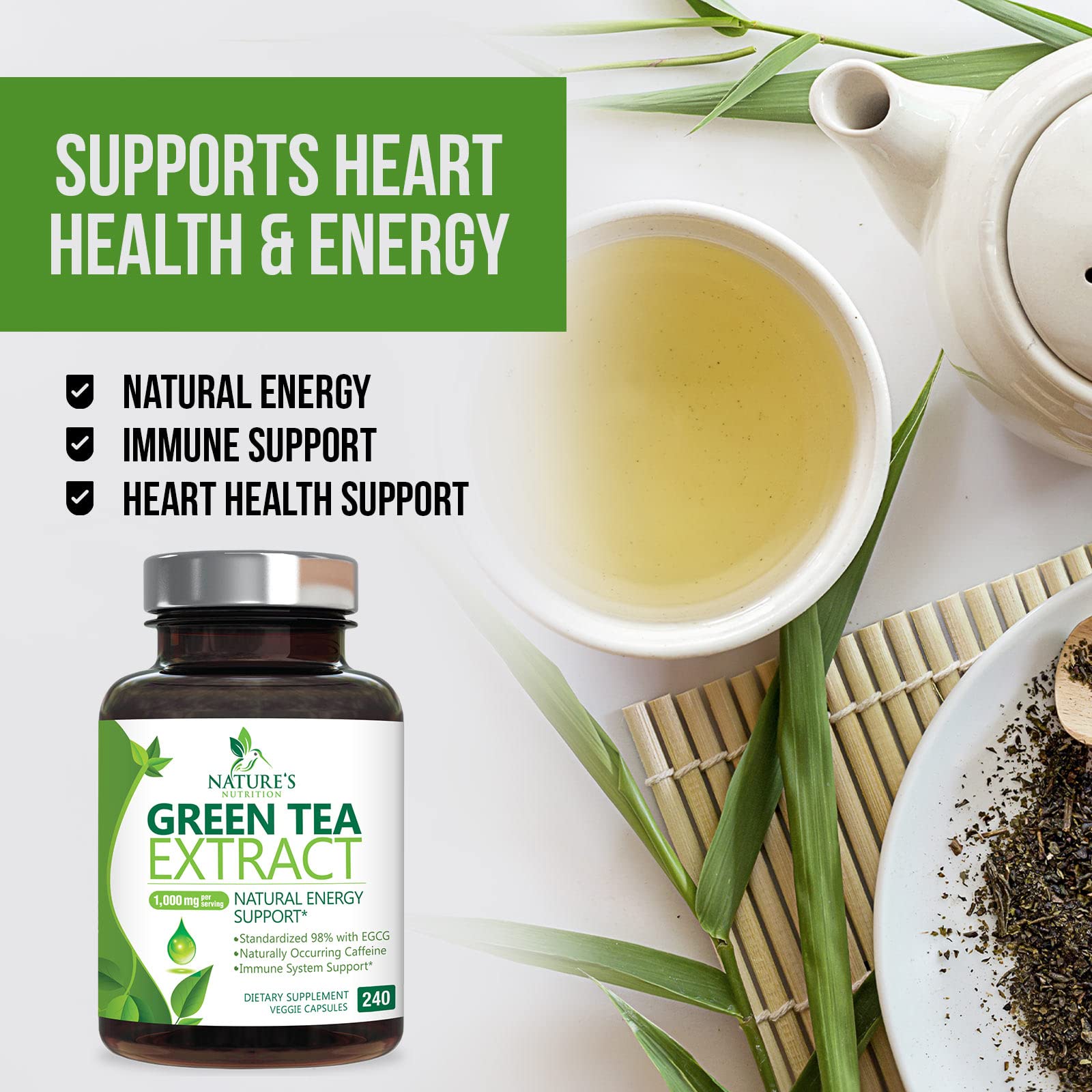 Green Tea Extract Capsules 1000mg 98% Standardized EGCG - 3X Strength for Natural Nature's Nutrition