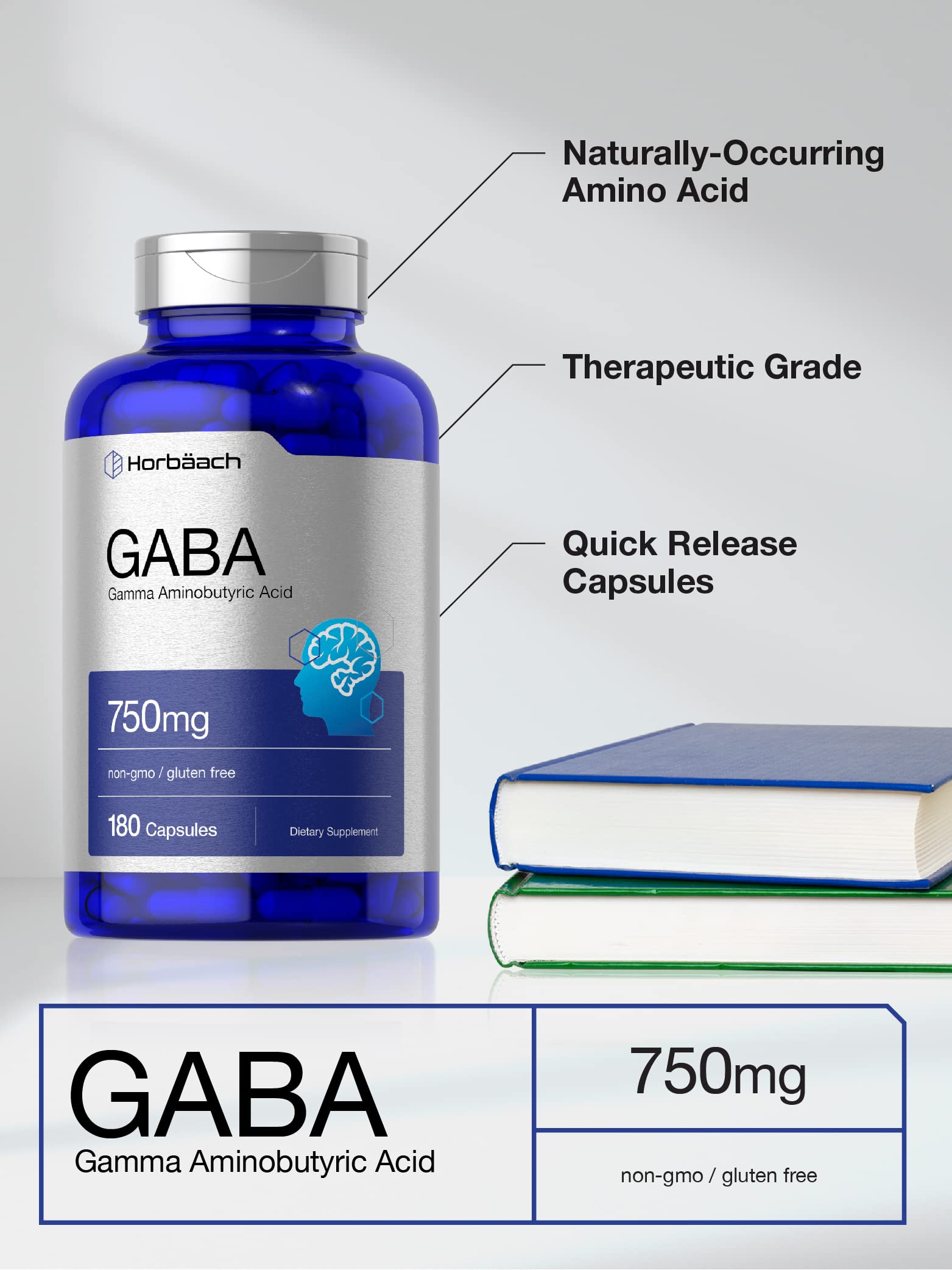 GABA 750mg | 180 Capsules | Gamma Aminobutyric Acid Supplement Horbäach