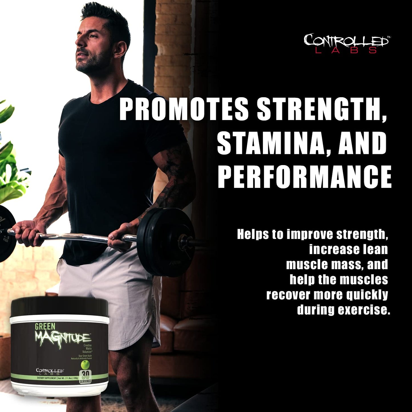 CONTROLLED LABS Green Magnitude Supplement, Synergistic Creatine Formula Powder, Promotes Strength, Stamina, and Performance, (Sour Green Apple, 30 Servings)