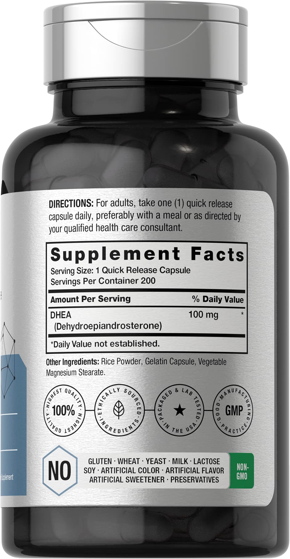 DHEA 100mg | 200 Capsules | Non-GMO, Gluten Free Supplement | by Horbaach