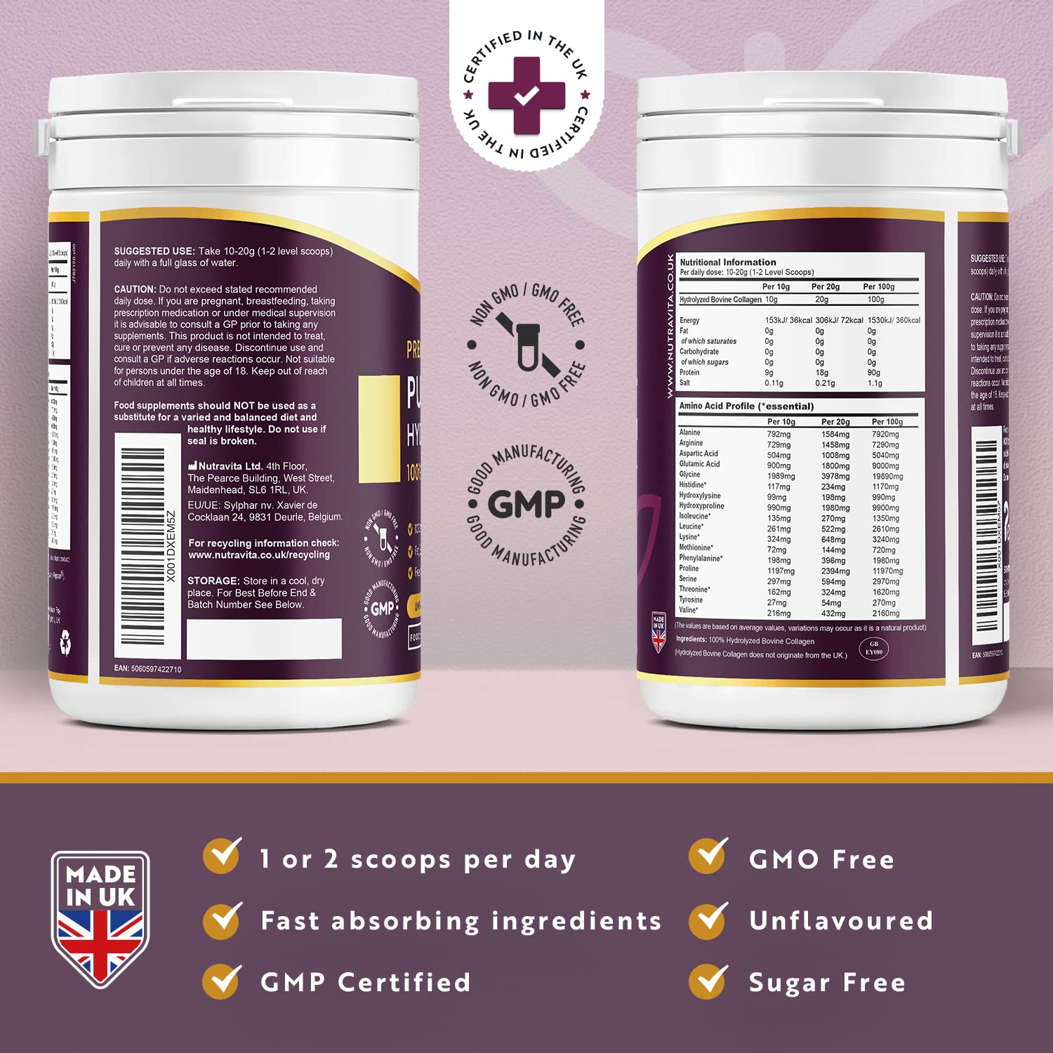 Collagen Powder 500g - Premium Gold Standard Bovine- 50 Servings - Collagen Peptides Supplement Nutravita