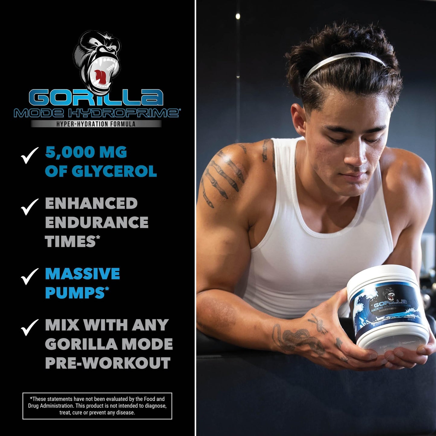 Gorilla Mind Hydroprime Glycerol Pre-Workout - Hydrating Pre-Workout Formula for Intense