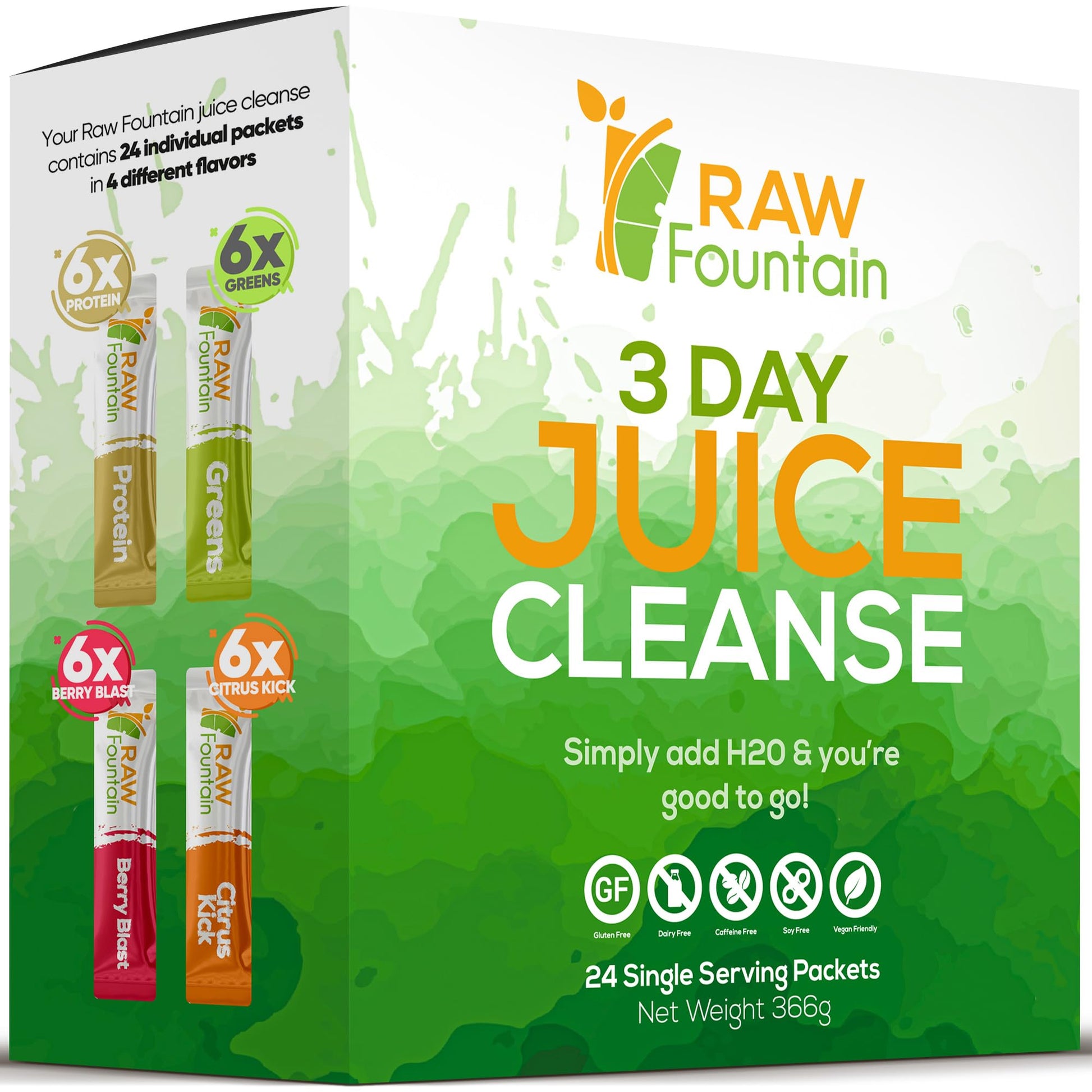 Raw Fountain 3 Day Juice Cleanse Detox, Weight Management Program, 24 Powder Packets