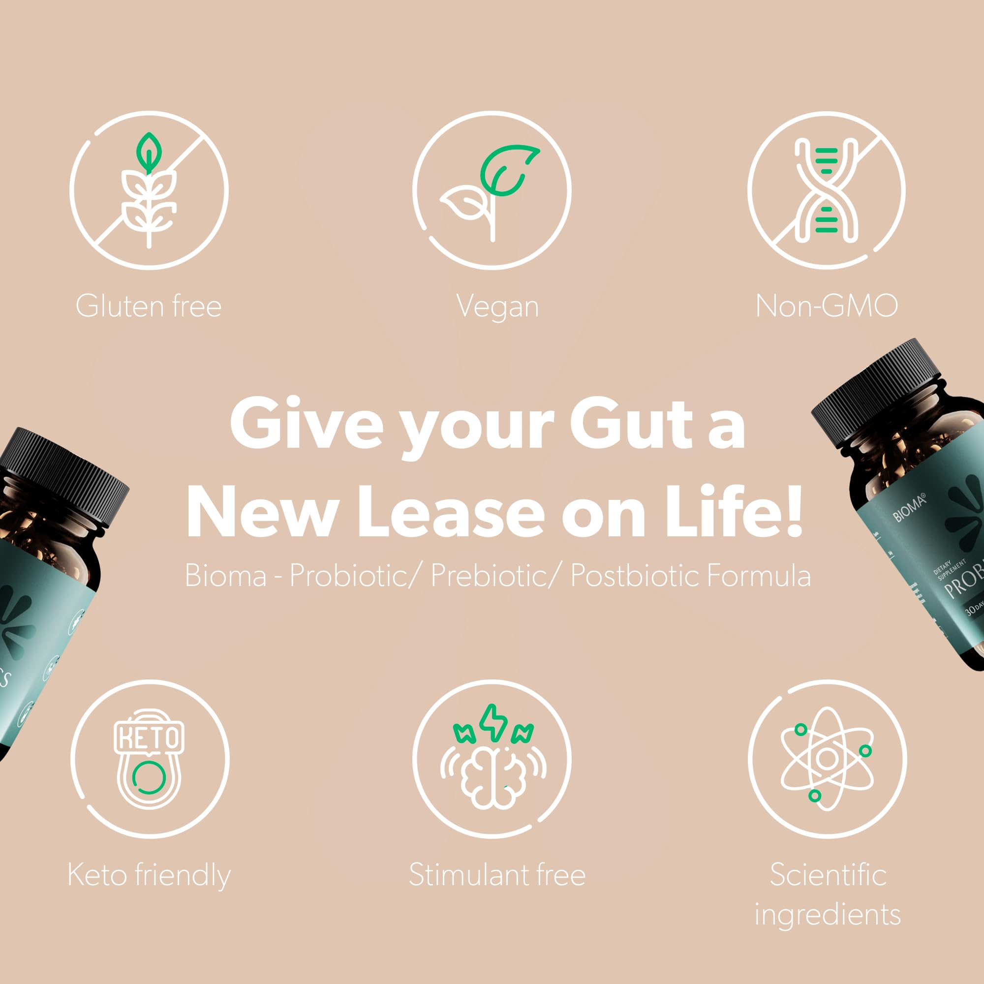 BIOMA Probiotics for Digestive Health, 3 in 1 Gut Health Probiotics and Prebiotics/Postbiotics BIOMA