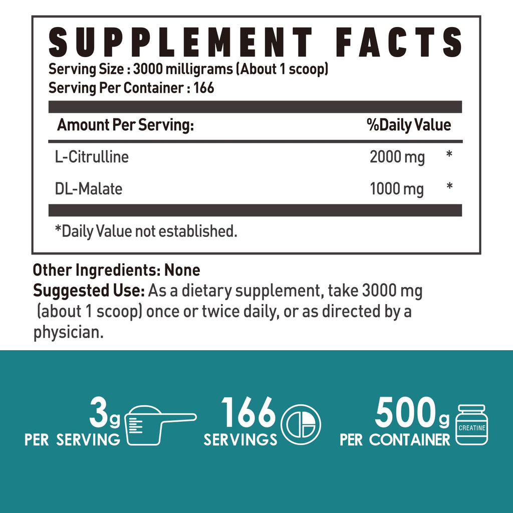 L-Citrulline Dl-Malate 2:1 Powder 500g, Pure L Citrulline Malate Supplement Preworkout Powder, Unflavored, No Additives