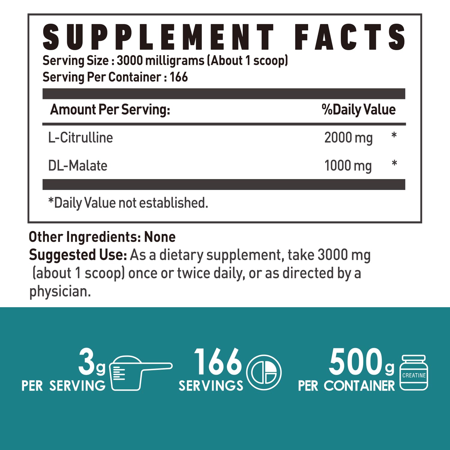 L-Citrulline Dl-Malate 2:1 Powder 500g, Pure L Citrulline Malate Supplement Preworkout Powder, Unflavored, No Additives