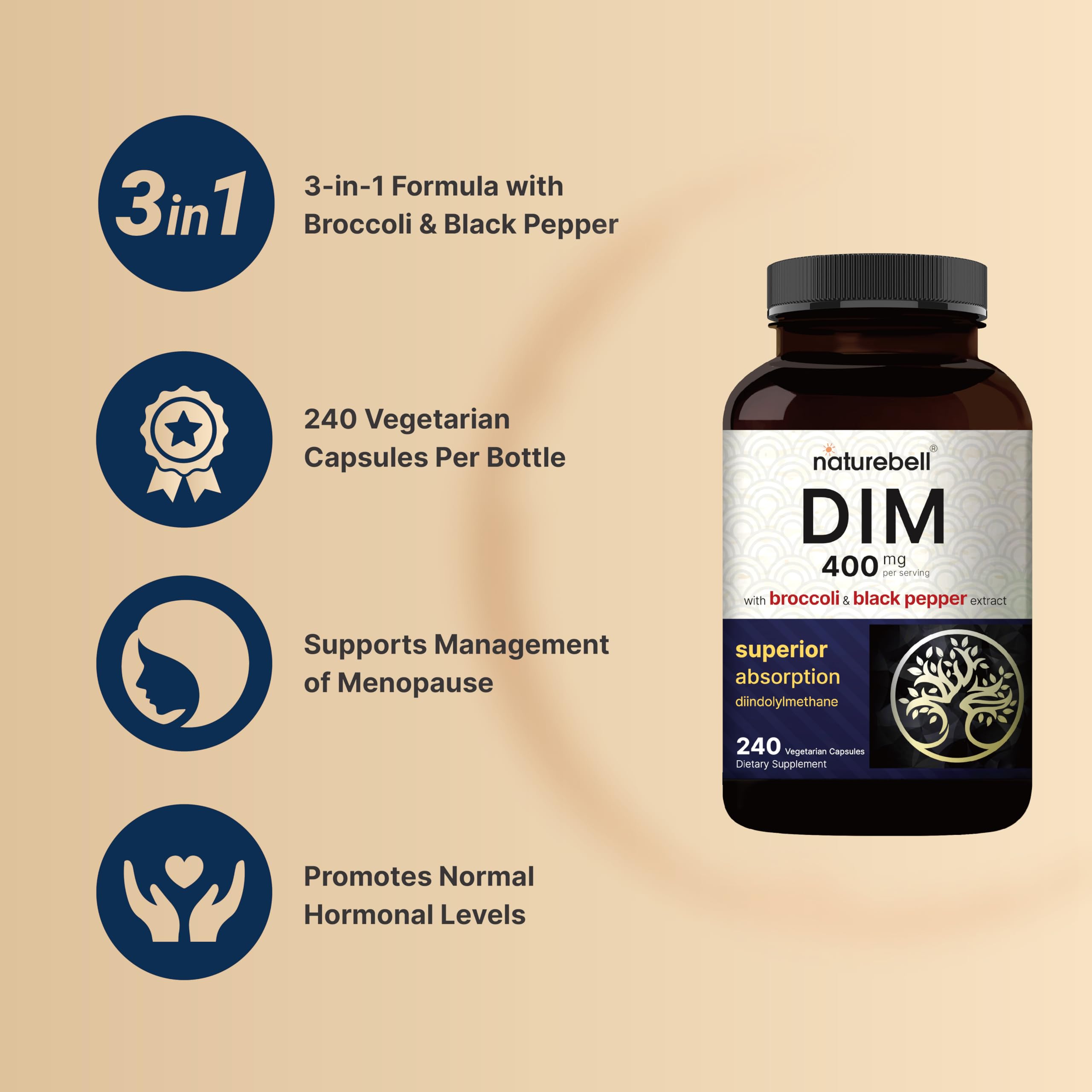 NatureBell DIM 400mg as Diindolylmethane, 240 Veggie Capsules | with Broccoli & Black Pepper NatureBell