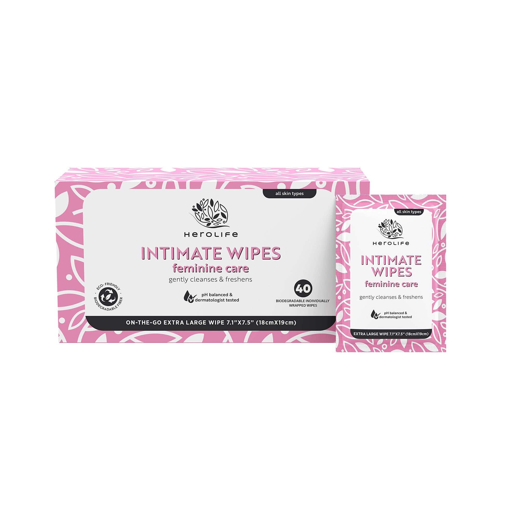 HEROLIFE Personal Wipes for Feminine Care, Single Use To Go, Plant-Based, 1 pack of 40 Single Herolife