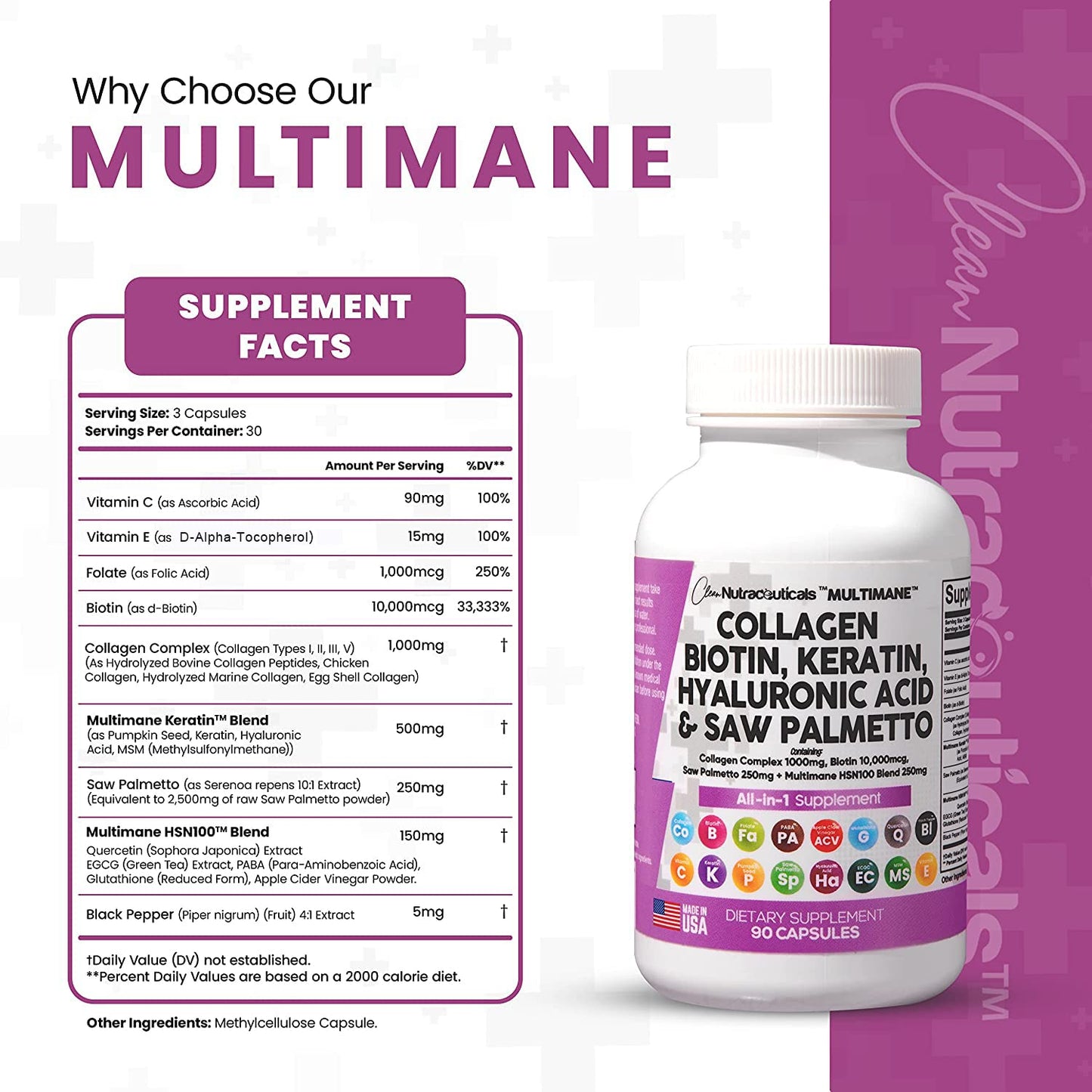 Collagen Pills 1000mg Biotin 10000mcg Keratin Saw Palmetto 2500mg 90 Ct