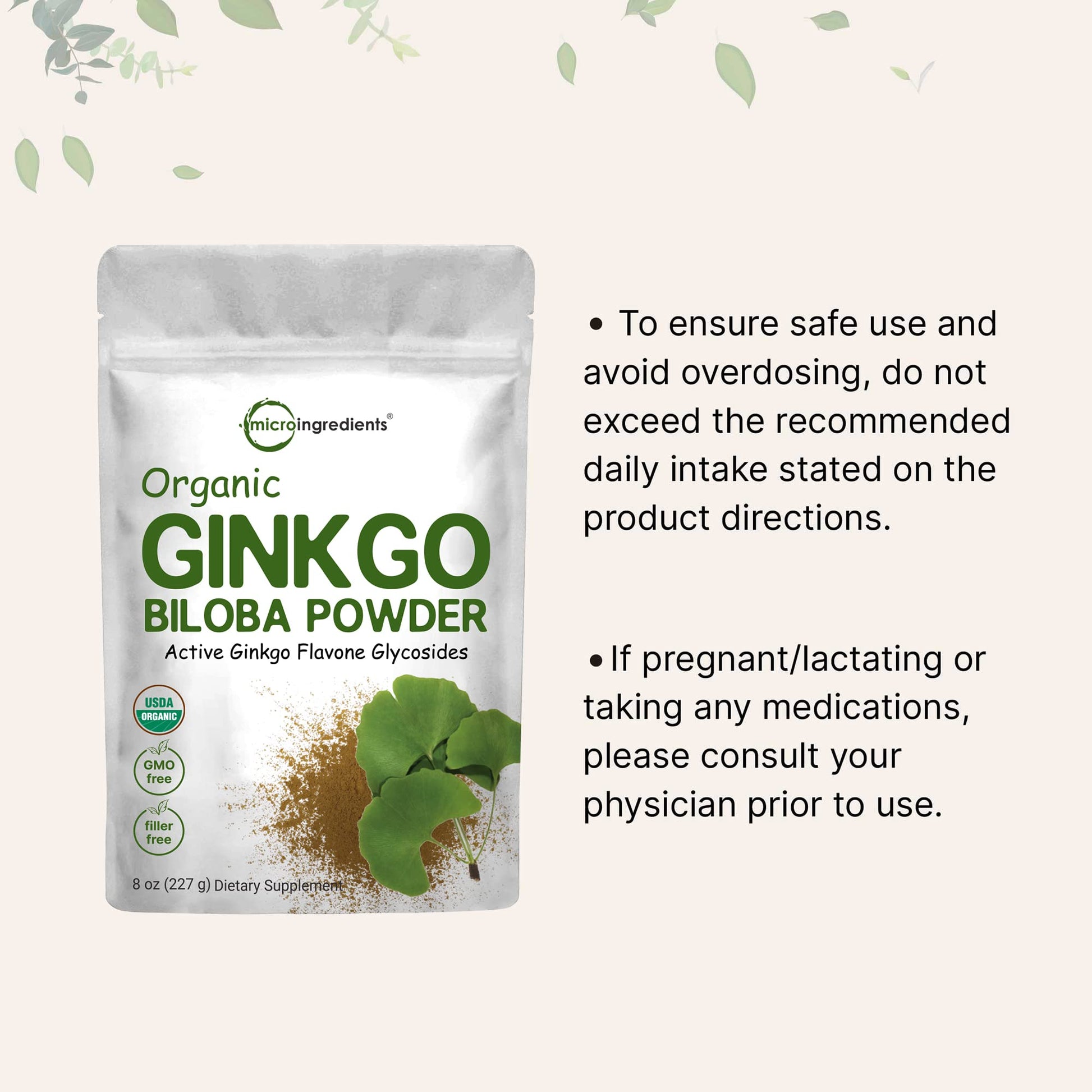 Micro Ingredients Raw Organic Ginkgo Biloba Powder, 8 Ounce (18 Months Supply) Micro Ingredients