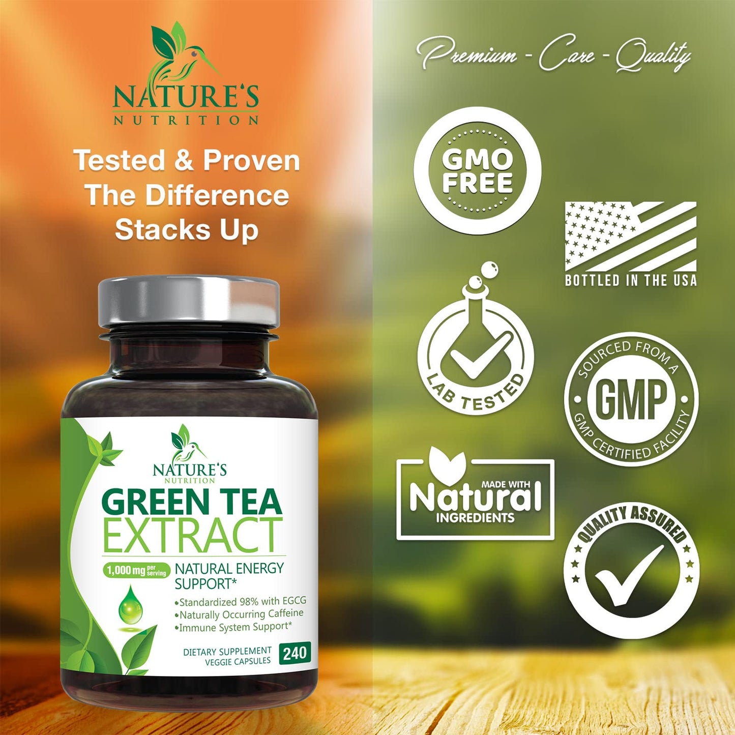 Green Tea Extract Capsules 1000mg 98% Standardized EGCG - 3X Strength for Natural