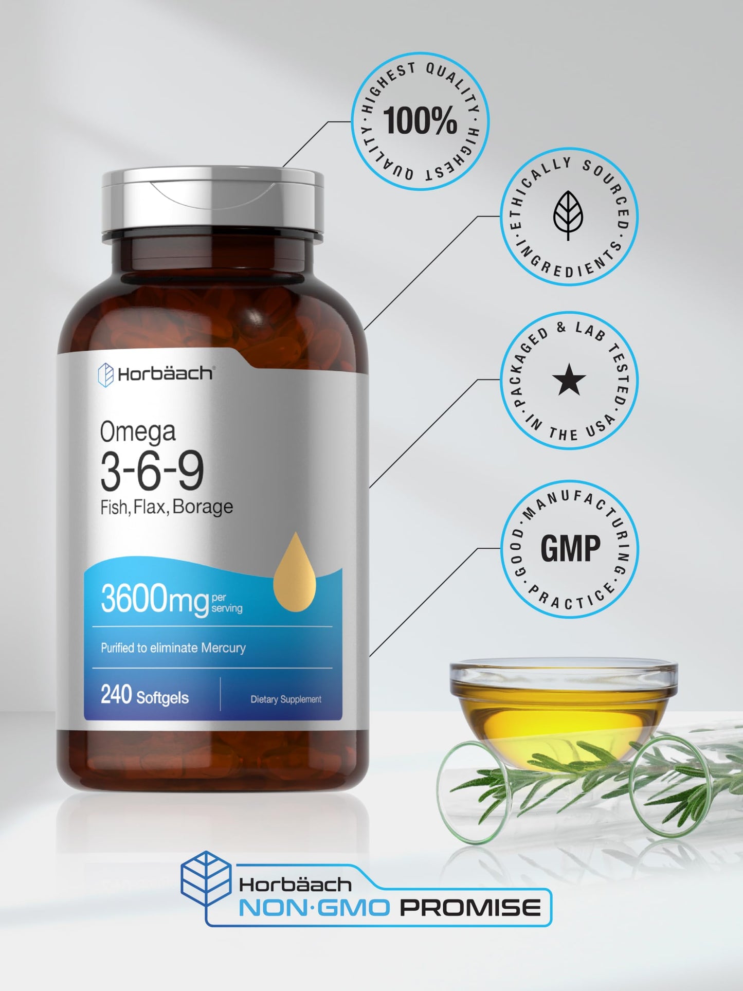 Triple Omega 3-6-9 240 Softgels | from Fish, Flaxseed, Borage Oils | Non-GMO & Gluten