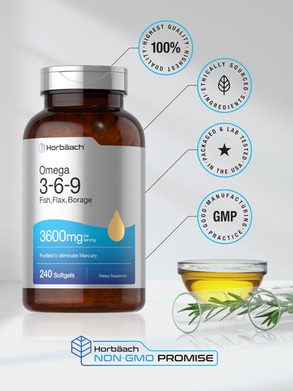 Triple Omega 3-6-9 240 Softgels | from Fish, Flaxseed, Borage Oils | Non-GMO & Gluten