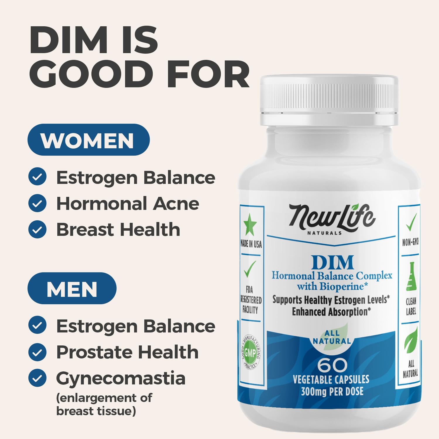 NewLife Naturals DIM Supplement 300mg for Women & Men - Hormonal Acne, Estrogen Balance Pills NewLife Naturals