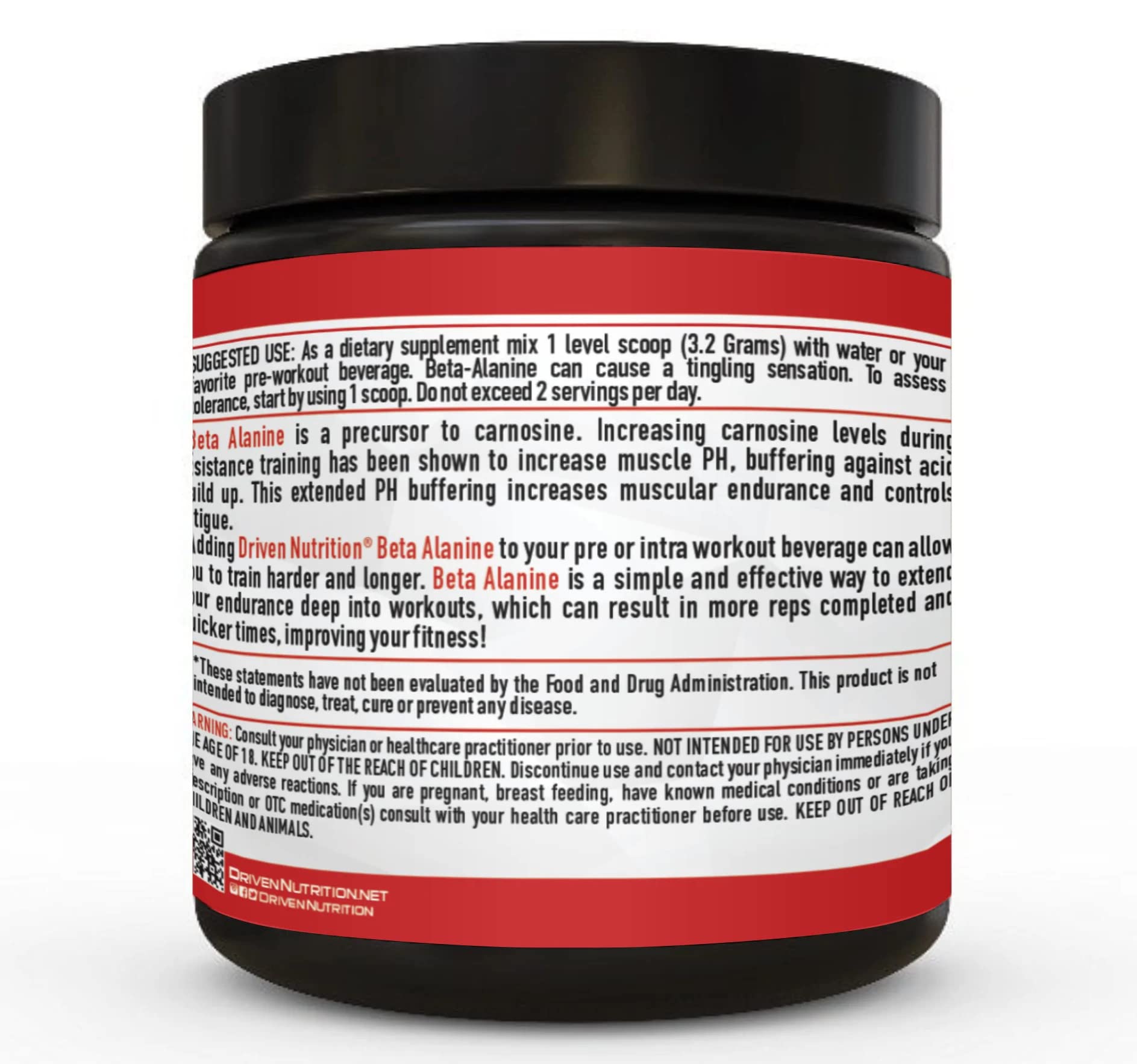 Driven Nutrition Beta Alanine, Unflavored - Preworkout Carnosine Booster for Physical Endurance, Reduce Lactic Acid & Muscle Fatigue, Support Workout Capacity for Weightlifting & High Intensity Cardio