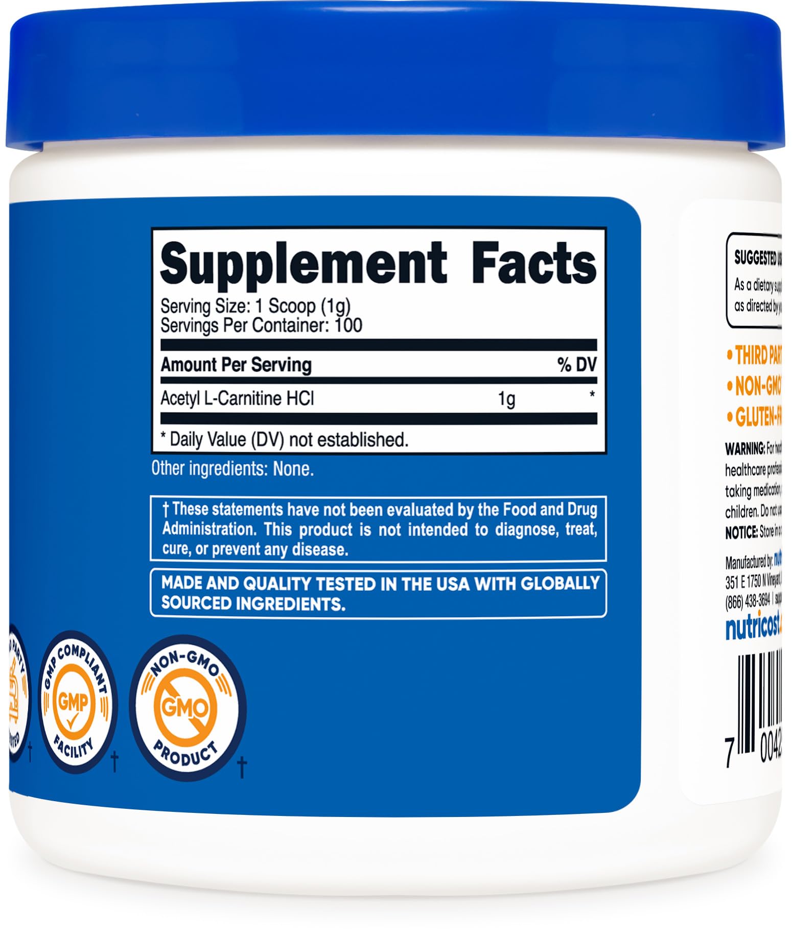Nutricost Acetyl L-Carnitine (ALCAR) 100 Grams - 1000mg Per Serving - Non-GMO, Gluten Free Nutricost