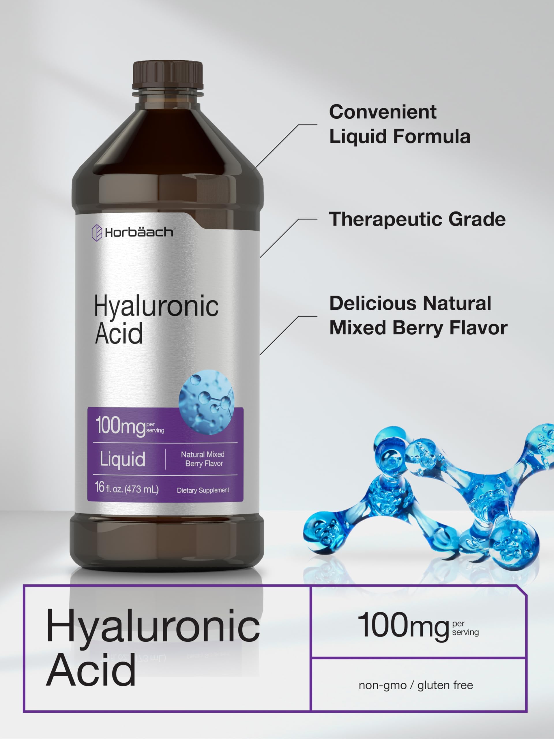 Liquid Hyaluronic Acid Supplement | 100 mg | 16 oz | Mixed Berry Flavor | Non-GMO
