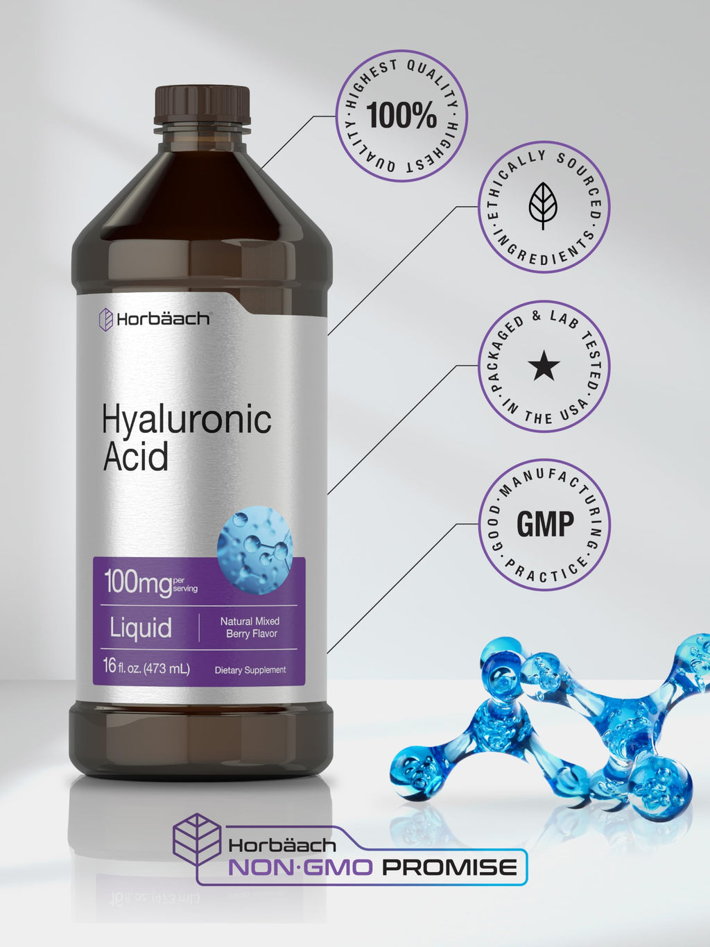 Liquid Hyaluronic Acid Supplement | 100 mg | 16 oz | Mixed Berry Flavor | Non-GMO
